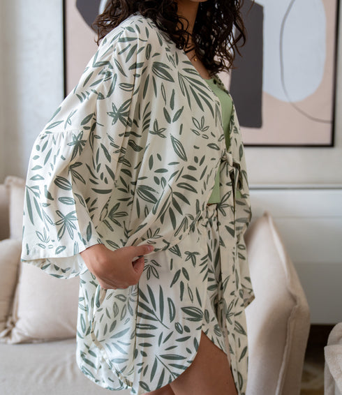 Women summer 3 piece pajama set Mint Top + Green Leaves kimono & Short